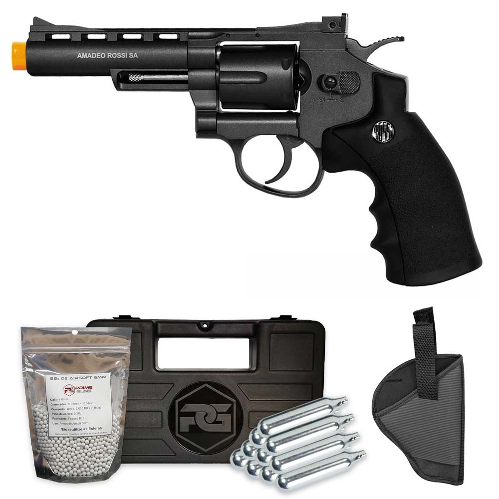 Kit Revolver 38 De Pressão Gas Co2 6 Tiros 4 Oxidado Rossi Full Metal M701  4,5mm - Wingun